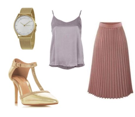 Women's Metallic Gold heels with Pink Pleated Skirt and Lilac Cami Top Outfit