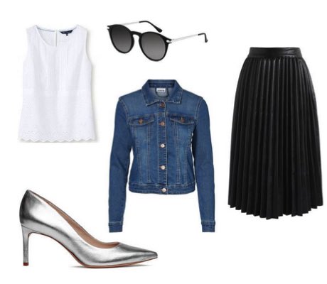 Women's Silver Court Shoes with Black Pleated Skirt and Blue Denim Jacket Outfit