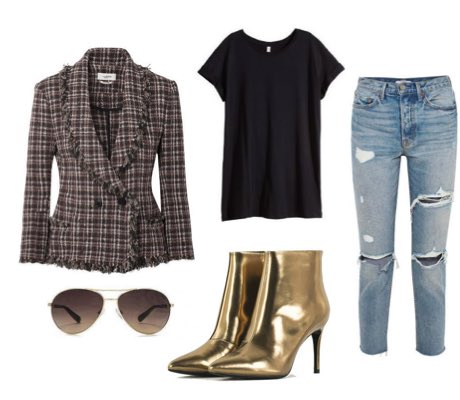 Women's Metallic Gold Boots with Blue Ripped Jeans and Check Blazer Outfit