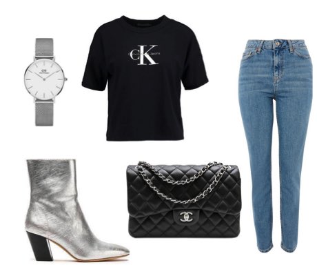 Women's Silver Boots with Blue High Waisted Jeans and Black Cropped T-Shirt Outfit