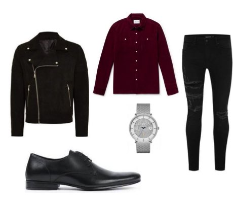 Men's Burgundy Corduroy Shirt with Black Skinny Jeans and Black Biker Jacket Outfit