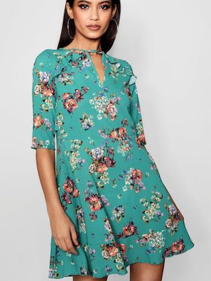 Boohoo Green Floral Tea Dress