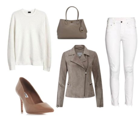 Women's White Skinny Jeans with White Jumper, Taupe Biker Jacket and Brown Court Shoes Winter Outfit