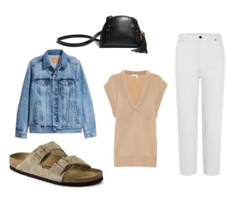 Women's White Boyfriend Jeans with Blue Denim Jacket and Birkenstock Sandals Casual Outfit
