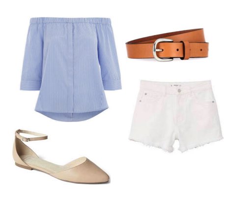 Women's White Denim Shorts with Blue Bardot Top and Flat Sandals Outfit