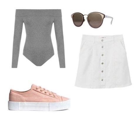 Women's White Denim Skirt with Grey Bodysuit and Pink Flatform Trainers Outfit