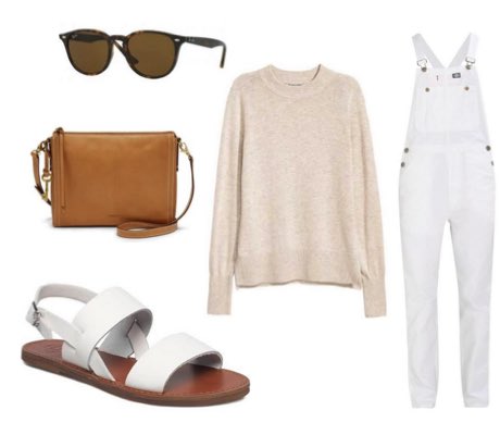 Women's White Denim Dungarees with Oatmeal Jumper and White Sandals Outfit