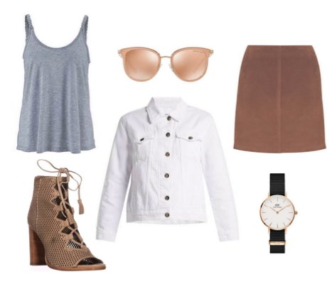 Women's White Denim Jacket With Brown Suede Skirt and Brown Strappy Block Heel Sandals Outfit
