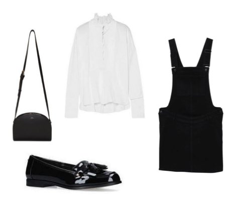 Black denim dress with white shirt and black patent loafers work outfit