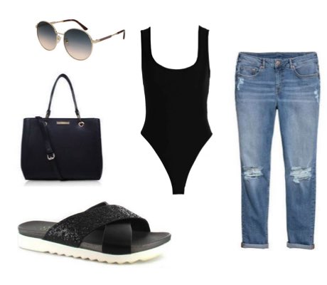 Boyfriend jeans with black bodysuit and black sandals summer outfit
