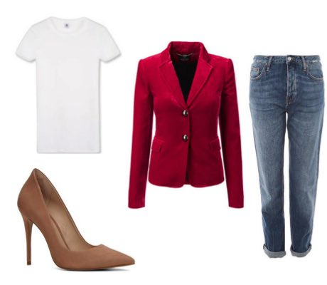 Smart blue boyfriend jeans with beige court shoes and red blazer work outfit
