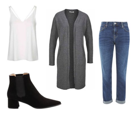 Blue boyfriend jeans with black ankle boots, white cami and long grey cardigan outfit