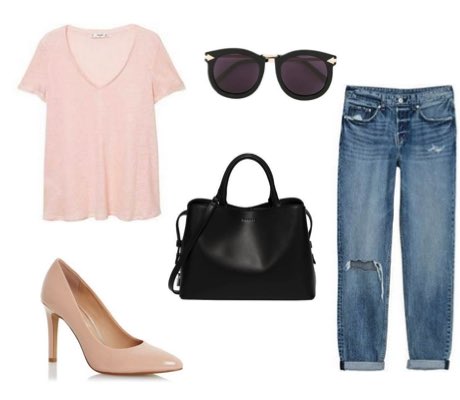 Blue boyfriend jeans with blush court shoes and pastel pink t-shirt outfit