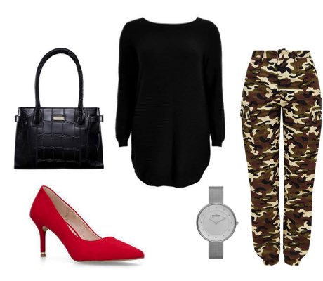 Women's High Waisted Camo Trousers with Black Top and Red Court Shoes Outfit