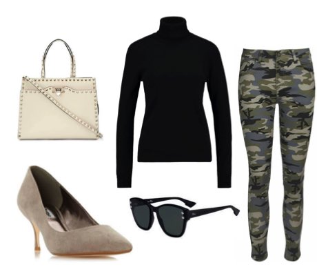 Women's Camo Jeans with Black Turtleneck Top and Grey Court Shoes Outfit