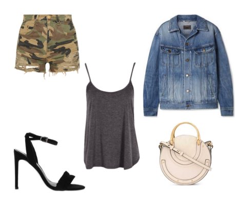 Women's Camo Print Shorts with Grey Cami, Blue Denim Jacket and Black Heeled Sandals Outfit