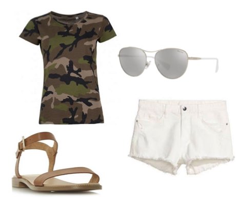 Women's Camo Top with White Denim Shorts and Brown Sandals Outfit