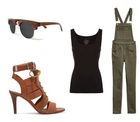 Women's Khaki Dungarees with Black Vest Top and Brown Heeled Sandals Outfit