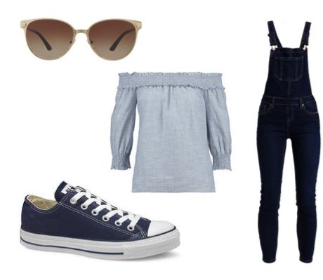 Women's Blue Dungarees with Blue Bardot Top and Blue Converse Trainers Outfit