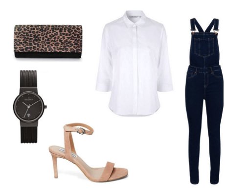 Women's Navy Dungarees with White Shirt and Nude Heeled Sandals Work Outfit