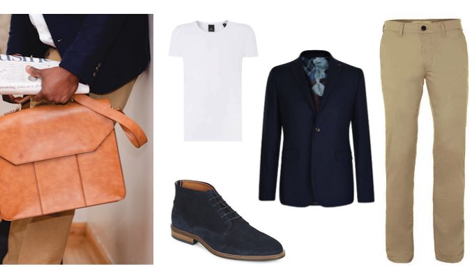 Men's Beige Chinos and Navy Blazer Outfit