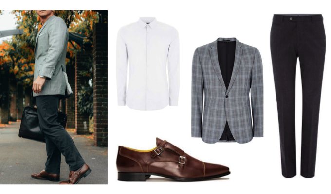 Men's Black Tailored Trouses and Grey Check Blazer Outfit