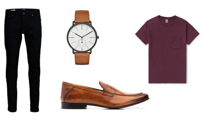 Men's Brown Loafers with Black Skinny Jeans Outfit Idea