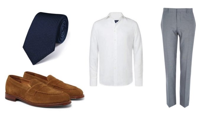 Men's Suede Loafers With Grey Suit Outfit Idea