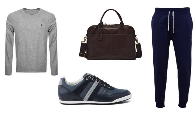 Men's Navy Joggers Outfit With Grey Top and Blue Trainers