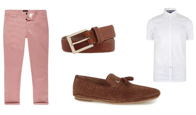 Men's Sockless Tassel Loafers with Pink Chinos and White Shirt Outfit