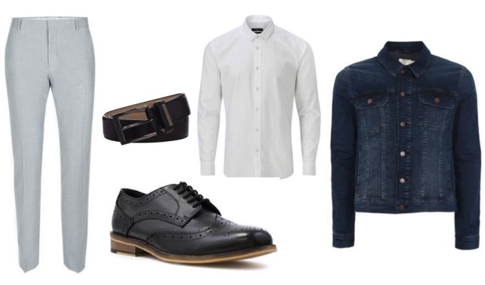 Men's Sockless Leather Shoes with Grey Trousers and Denim Jacket Outfit