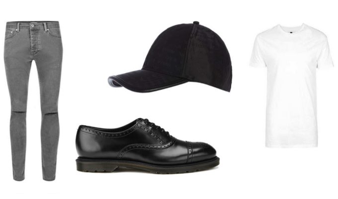 Men's Sockless Black Leather Shoes with Grey Ripped Jeans and White T-Shirt Outfit