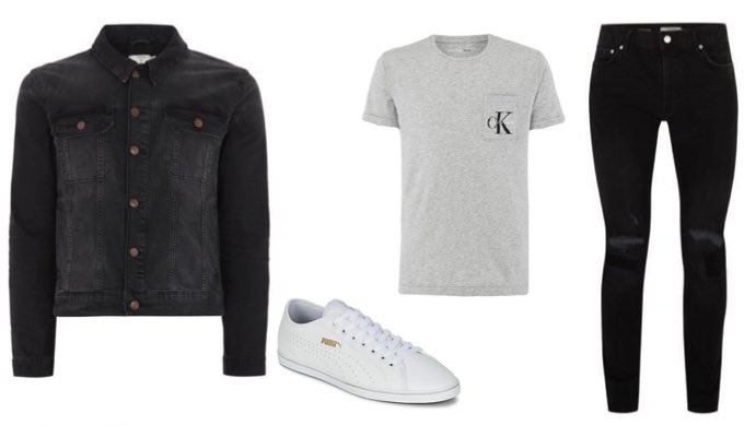 Men's Sockless White Trainers with Black Jeans and Grey T-Shirt Outfit