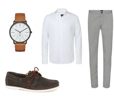Men's Sockless Summer Boat Shoes with Grey Jeans and White Shirt Outfit