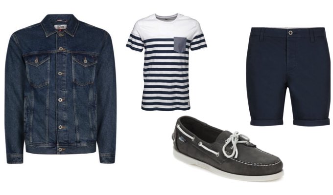 Men's Sockless Deck Shoes with Blue Chino Shorts and Denim Jacket Summer Outfit