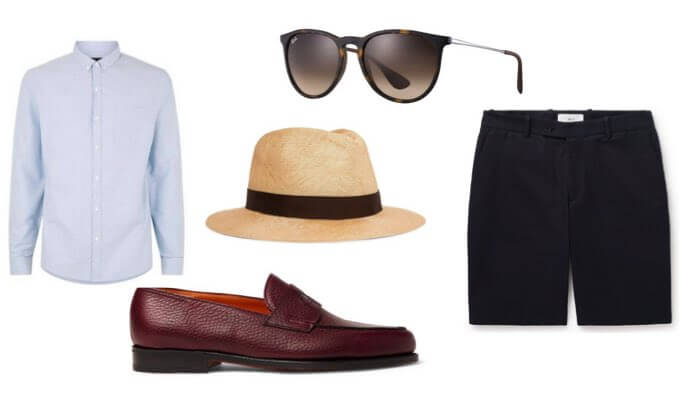 Men's Burgundy Loafers with Blue Shorts Outfit